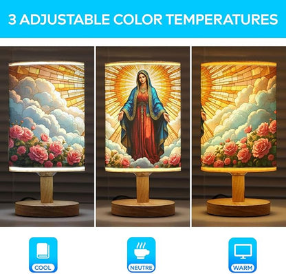 Our Lady of Guadalupe Table Lamp LED 3-Color Pressed Bedside, Our Lady of Guadalupe Shade Lamp with Wood Base for Bedroom Living Room Desk Office TL01