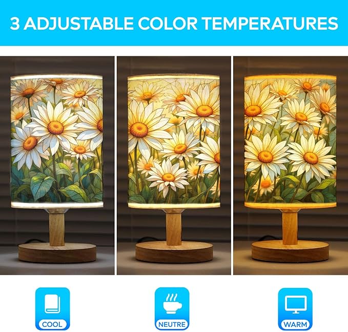 Daisy Table Lamp LED 3-Color Pressed Bedside, Daisy Shade Lamp with Wood Base for Bedroom Living Room Desk Office
