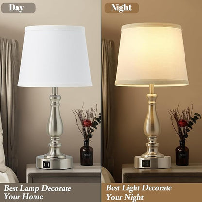 Table Lamps for Bedrooms Set of 2 - Touch Bedside Lamps with USB C+A Ports,Dimmable White Nightstand Lamps for End Tables, Farmhouse Night Stand Lamps for Living Room Bed Side Guest Room