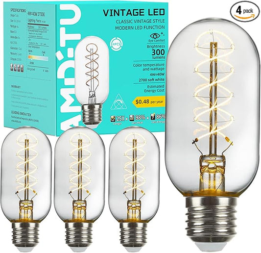 AMDTU Vintage LED Edison Bulb Super Thin Spiral Filament 2700K Soft White, Non-dimmable T45 Incandescent Tubular Light Bulb 40 Watt Equivalent, Clear Glass Light Bulb 4W 120V E26 Base, 4 Pack