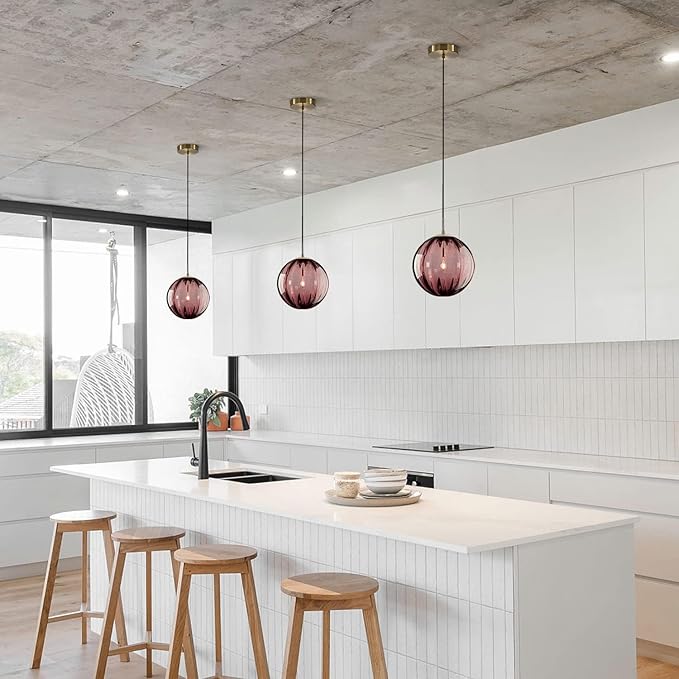 KCO Lighting Modern Large Globe Pendant Light - Vintage Gold Single Pendant - Round Glass - Industrial Kitchen Island & Dining Room Light Fixture (Burgundy-9.8')