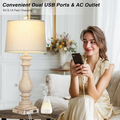 29" Farmhouse Table Lamp for Living Room Set of 2,Vintage Bedside Lamps with USB C+A Ports & AC Outlet,3-Way Dimmable Touch Control White Washed Finish Nightstand Lamp for Bedroom,Beige