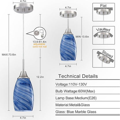 Mini Glass Pendant Light 1-Pack Dark Blue Marble Art Glass Pendant Lights Kitchen Island Brushed Nickel Finish Hanging Light for Kitchen Over Sink,Dining Room,Foyer,Hallway