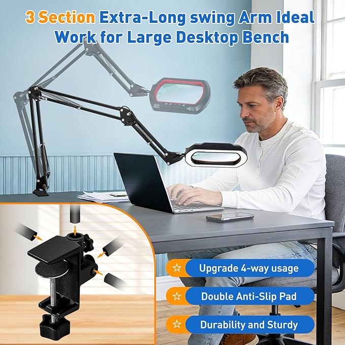 12X Ultra Long 3-Section Swing Arm Lighted Magnifier Lamp, NUEYiO 5.3* 3.2" Square Large Magnifying Glass with Light and Stand, 5 Color Mode, 4-way Metal Clamp Hands-Free Craft Lamp for Sewing Repair