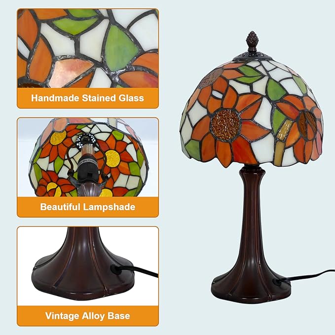 Tiffany Style Lamp Sunflower Vintage Table Lamp Small Lamps Stained Glass Lamp Tiffany Lamps for Bedroom 8" Wide 15" Tall for Living Room Home Office with LED Bulb