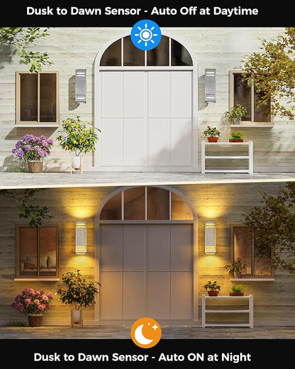 Dusk to Dawn Outdoor Lighting 2 Pack, Up and Down Lights Stainless Steel Exterior Light Fixture with Photocell Sensor, Waterproof Modern Outside Lights for House Garage Porch, LED Bulbs Included