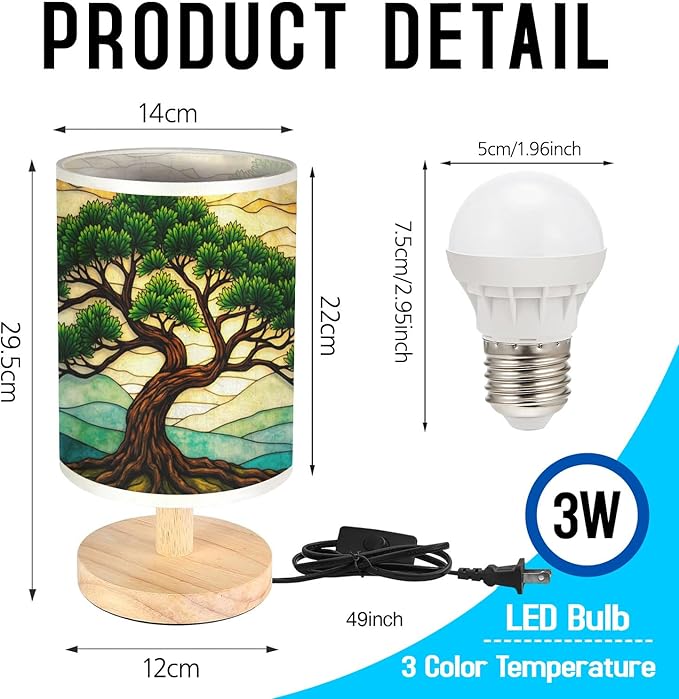 Cedar Tree Lamp LED 3-Color Pressed Bedside, Cedar Tree Shade Lamp with Wood Base for Bedroom Living Room Desk Office