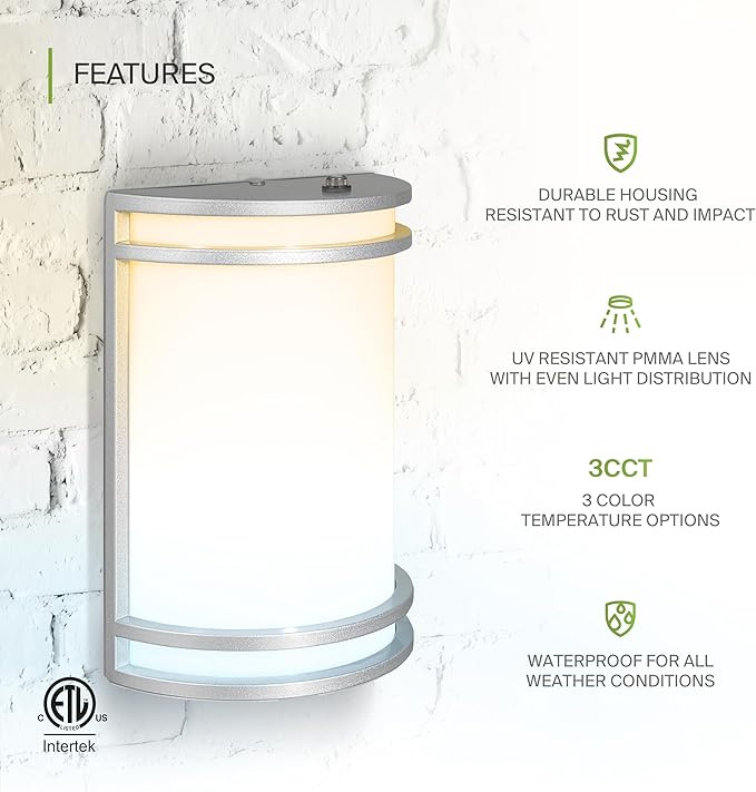 ASD 10 Inch LED Dusk to Dawn Outdoor Wall Mount Light Fixture - Brushed Nickel Modern Wall Sconce Lighting with Photocell - 120-277V 15W 3000/4000/5000K Adjustable - Front Door & Patio, ETL 2 Pack