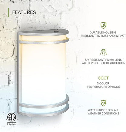 ASD 10 Inch LED Dusk to Dawn Outdoor Wall Mount Light Fixture - Brushed Nickel Modern Wall Sconce Lighting with Photocell - 120-277V 15W 3000/4000/5000K Adjustable - Front Door & Patio, ETL