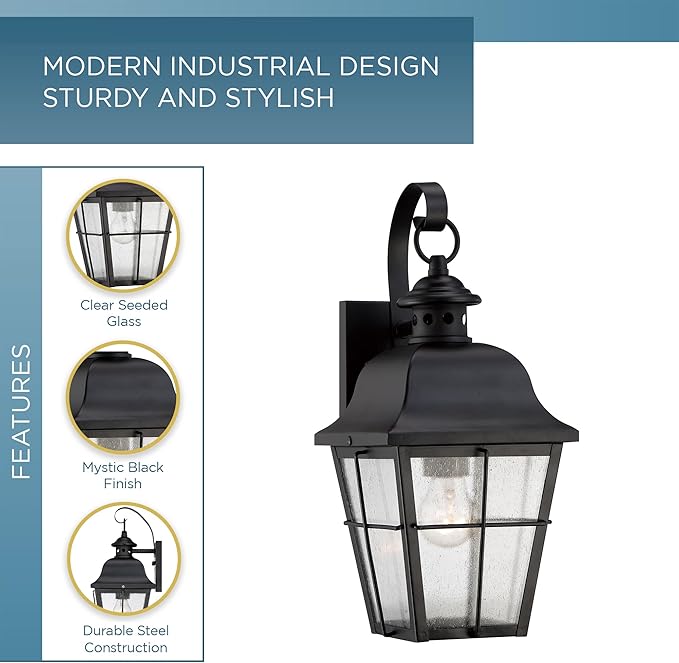 Quoizel Millhouse Outdoor Wall Lantern, 15.5 Inch, 1-Light Mystic Black Traditional Wall Sconce, Clear Seeded Glass, 100W, Exterior Wall Lantern Fixture, Outside Lights for Patio, Porch, or Garage