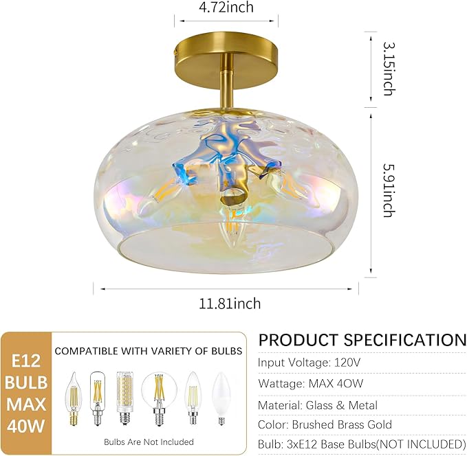Vintage Glass Flush Mount Ceiling Light - 12 Inch Rainbow Hammered Glass Hallway Light fixtures Ceiling, Gold Semi Flush Mount Ceiling Light,Mid Century Light Fixture for Bedroom Entryway Kitchen