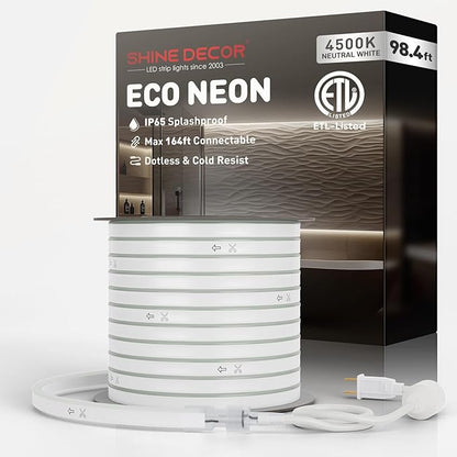 Shine Decor LED Rope Lights AC 120V, Connectable & Cuttable Dotless 120LEDs/M Eco Neon Strip Lighting, ETL IP65 Waterproof & Weather-Resistant for Home Commercial, 8x16mm, 4500K Neutral White, 98.4FT