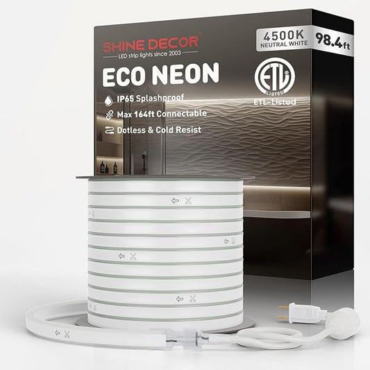 Shine Decor LED Rope Lights AC 120V, Connectable & Cuttable Dotless 120LEDs/M Eco Neon Strip Lighting, ETL IP65 Waterproof & Weather-Resistant for Home Commercial, 8x16mm, 4500K Neutral White, 98.4FT
