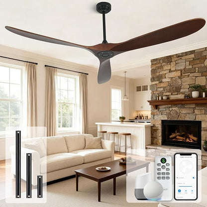 Ceiling Fan Without Light, 72 Inch Smart Wood Ceiling Fan no Lights, Compatible with Alexa/Google, 3 Natural Walnut Blades, Remote, Quiet Reversible DC Motor for Indoor Outdoor