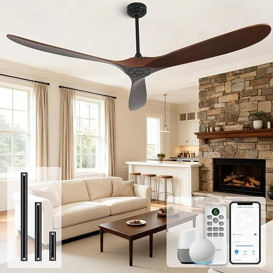 Ceiling Fan Without Light, 72 Inch Smart Wood Ceiling Fan no Lights, Compatible with Alexa/Google, 3 Natural Walnut Blades, Remote, Quiet Reversible DC Motor for Indoor Outdoor
