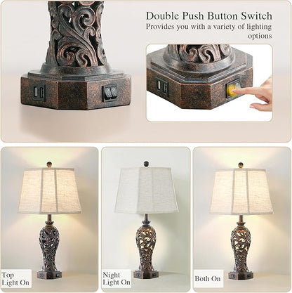 Set of 2 Farmhouse Table Lamps for Living Room, Rustic Vintage Nightstand Lamp with 2 USB Port, Bronze Resin Lamps for Bedroom End Table with Hollow Out Nightlight, 2 Bulbs Included