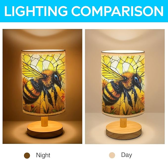 Bee Table Lamp LED 3-Color Pressed Bedside, Bee Shade Lamp with Wood Base for Bedroom Living Room Desk Office TL01