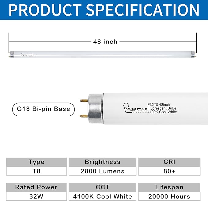 48 Inch F32T8/841 32W T8 Fluorescent Light Bulb, 4100K Cool White, 2800 Lumens, G13 Bi-Pin Base, 4FT T8 Fluorescent Tube Light Bulbs - 5 Pack