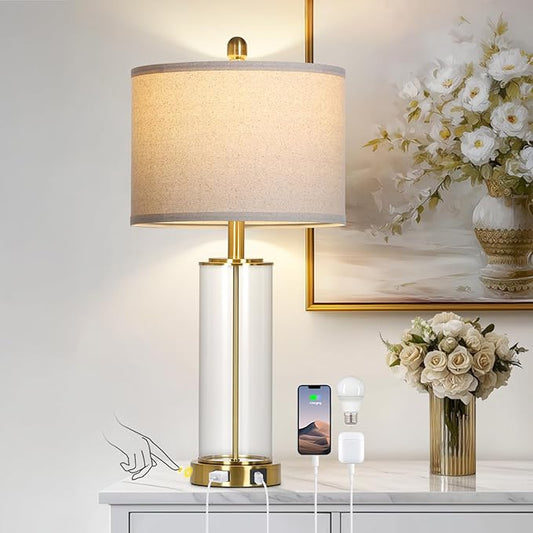 26 Inch Gold Glass Table Lamp Single, 3-Way Dimmable Touch Lamp for Living Room, Modern Bedroom Lamp with USB C+A Ports & Outlet, Classic Bedside Brass Lamp for Nightstand Side End Table Decoration