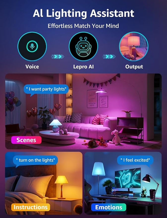 Lepro B3 AI Smart Light Bulbs - 1500LM 100W Equivalent A21 Bulb, WiFi & Bluetooth RGBWW Color Changing, Works with Alexa & Google Assistant, AI Voice Control by App, Music Sync, 2.4GHz Only (4 Pack)