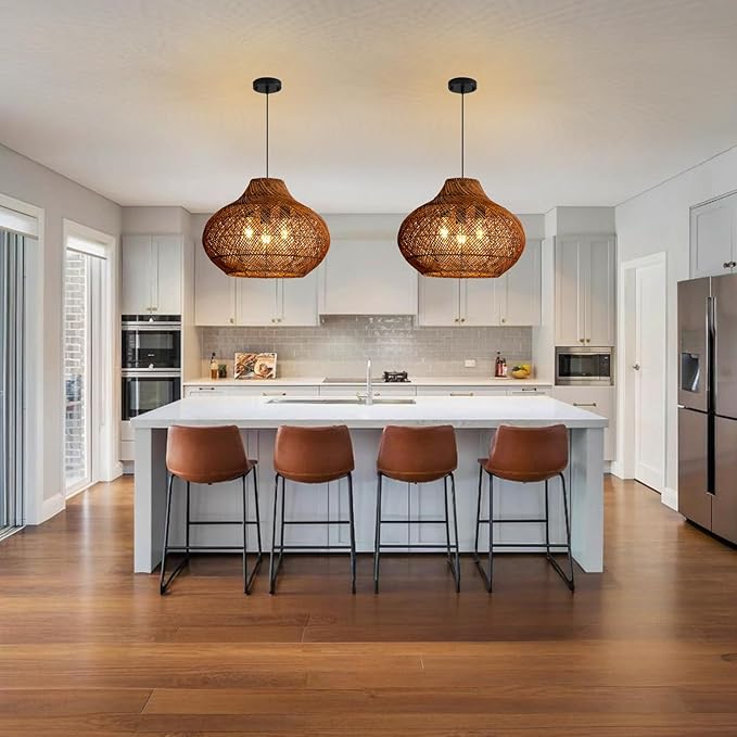 3-Light Dark Brown Rattan Pendant Light,18.9" Rustic Hanging Light,Round Curry Wicker Pendant Light Hand-Woven Rattan Chandelier for Workplace Dining Living Bedroom Kitchen Farmhouse