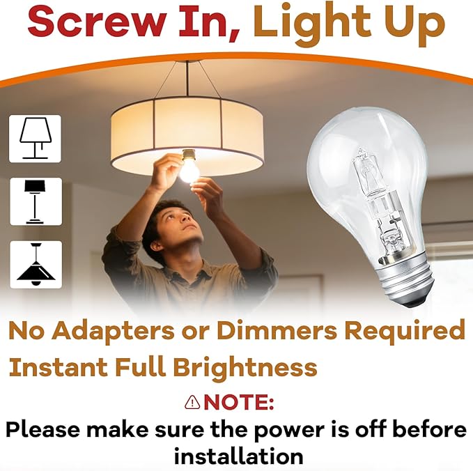 6-Pack 78796&043168787963 Halogen Light Bulbs, 43W A19 E26 Base 120V, 60W Equivalent, Replacement Bulbs for Table Lamps & Enclosed Fixtures