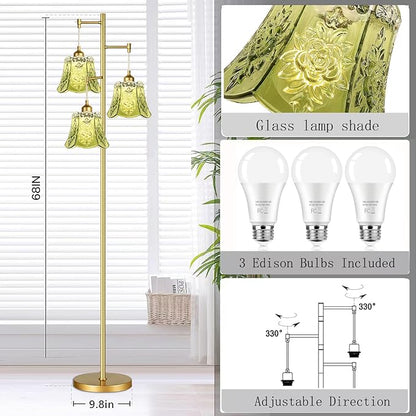 Gold Floor Lamp for Living Room,Bedroom,Tree 3 Light Standing Lamp Mid Century Modern Brass Tall Floor Lamps Vintage Retro Floor Lights Glass Green Flower Lamp Shade Farmhouse Boho Bohemian