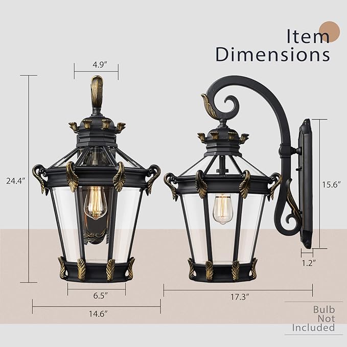 Emliviar Farmhouse Large Outdoor Wall Lantern, 24.4" Vintage Rustic Exterior Porch Light with Clear Glass for House Patio, Die-Cast Aluminum in Black Finish, XE267B BG