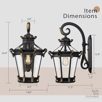 Emliviar Farmhouse Large Outdoor Wall Lantern, 24.4" Vintage Rustic Exterior Porch Light with Clear Glass for House Patio, Die-Cast Aluminum in Black Finish, XE267B BG