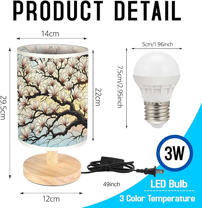Magnolia Table Lamp LED 3-Color Pressed Bedside, Magnolia Shade Lamp with Wood Base for Bedroom Living Room Desk Office TL01
