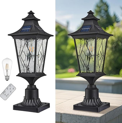 Solar Lamp Post Light Aluminum 20.7 Inch Height Large Size Solar Pole Lights with Water Ripple Handmade Solder Glass Waterproof Black Finish Include Remote Control and LED Bulb