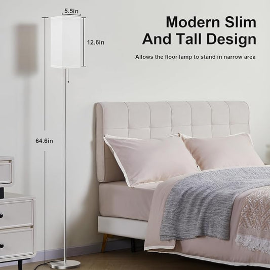 Floor Lamps for Living Room Bedroom - 3 Color Temperature Silver Floor Lamp Set of 2, Modern Standing Lamps with Pull Chain Switch White Shade, Tall Lamp for Corner Office(2 Pack)