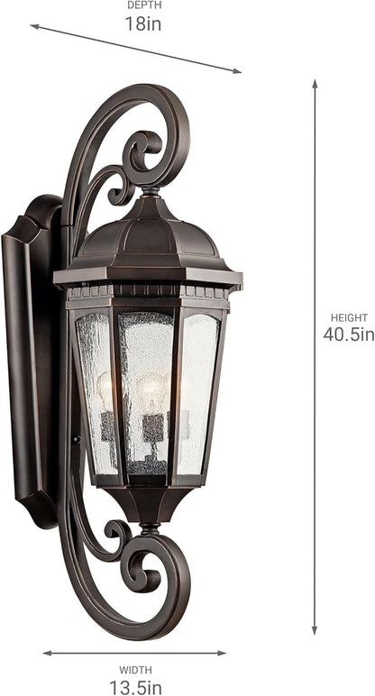 Kichler Courtyard 40.50" 3 Light Outdoor Wall Light with Clear Seeded Glass in Rubbed Bronze