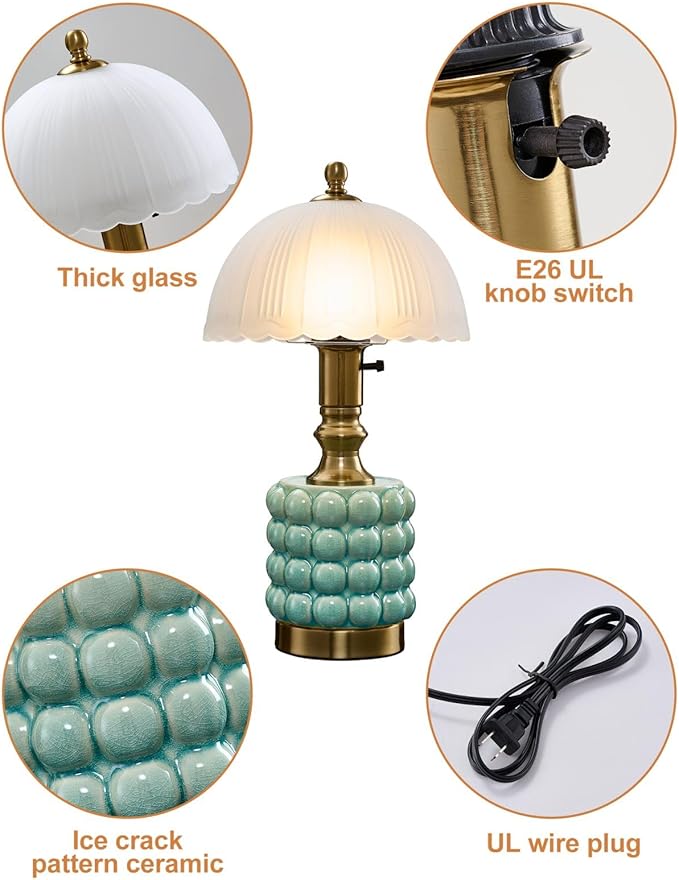 Vintage Lamp for Bedroom,Unique Lamps Cracked Ceramic lamp,UL Rotary Switch Control Glass lamp Shade,Small Table lamp for Living Room Decor Kitchen Lighting (Blue +Glass)
