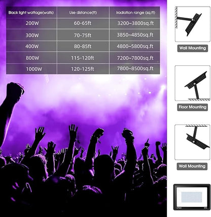 2 Pack 1000W LED Black Flood Light, Big Black Light Outdoor with Plug and Switch, IP66 Waterproof Blacklight for Glow Party, Halloween, Fluorescent Poster, Body Paint, Aquarium