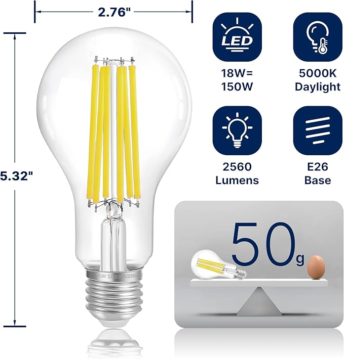 FLSNT 150W Equivalent LED Light Bulbs, 5000K Daylight Dimmable A23 LED Edison Bulbs, 2650Lumens, Efficient 18W, E27 Base, 8 Pack