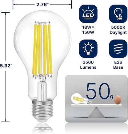 FLSNT 150W Equivalent LED Light Bulbs, 5000K Daylight Dimmable A23 LED Edison Bulbs, 2650Lumens, Efficient 18W, E27 Base, 8 Pack