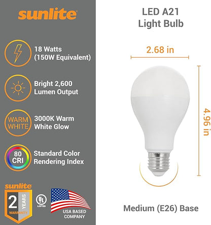 Sunlite LED A21 Light Bulb, 18 Watts (150W Equivalent), 2600 Lumens, 120V, Dimmable, Medium E26 Base, 220 Degree Beam Angle, UL Listed, RoHS Compliant, 3000K Warm White, 6 Pack