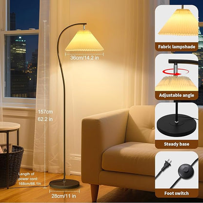 Modern Black Arc LED Floor Lamps, Bright 12W Three-Color Dimming, 14 Inch Pleated Lampshade, Living Room Corner Bedroom Bedside Office Standing Reading Lamp, Farmhouse Decoration, Warm Mood Lighting