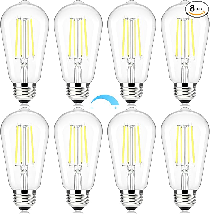 Brightever Edison Light Bulbs 60W Equivalent, Dimmable Light Bulbs, 7W, 850LM Vintage E26 LED Bulb 5000K Daylight White, 90+CRI, ST58 Clear Glass Antique LED Filament Bulb for Porch, 8 Pack