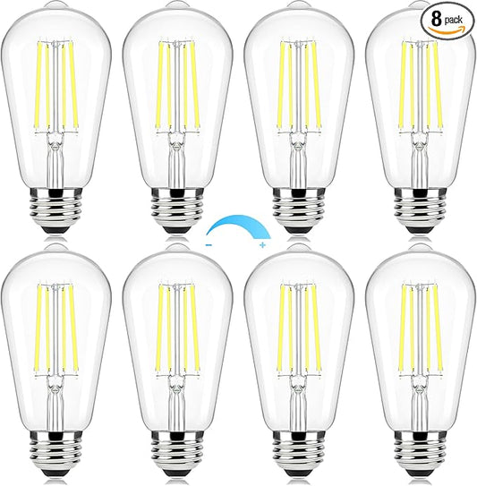 Brightever Edison Light Bulbs 60W Equivalent, Dimmable Light Bulbs, 7W, 850LM Vintage E26 LED Bulb 5000K Daylight White, 90+CRI, ST58 Clear Glass Antique LED Filament Bulb for Porch, 8 Pack
