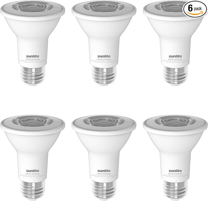 Sunlite LED PAR20 Light Bulb, 6 Watt (50W Halogen EQ), 500 Lumens, 35° Flood Beam, Medium E26 Base, 90 CRI, Dimmable, Title-20/24/CEC Compliant, 120V, ETL Listed, 2700K Soft White, 6 Count