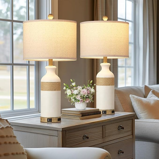 Boho Rattan Table Lamps for Bedroom Nightstand 26" Farmhouse Bedside lamp Set of 2 with USB C+A Ports & AC Outlet,3-Way Dimmable Touch Control Vintage Lamps for Living Room(Include Bulbs)