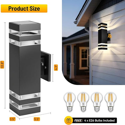 Modern Outdoor Wall Sconce 2-Pack, Up Down Lights Outdoor with Dusk to Dawn Sensor, Waterproof Exterior Light Fixture Wall Mount for House, Porch, Patio, Garage (E26 Bulbs Included)