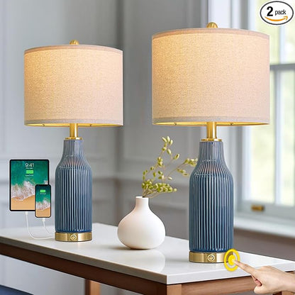 24.5" Modern 3-Way Dimmable Touch Control with USB A+C Ceramic Lamps Set of 2 Table Lamp for Living Room Bedroom Farmhouse Nightstand Bedside Blue