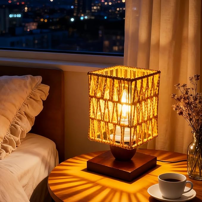 Boho Small Table Lamp,Vintage Wicker Wooden Nightstand Bamboo Woven End Table Lamps,Farmhouse Rattan Beside Lamp for Room Decor, for Bedroom Living Room Desk Kids Room(LED Bulb Included) (B)