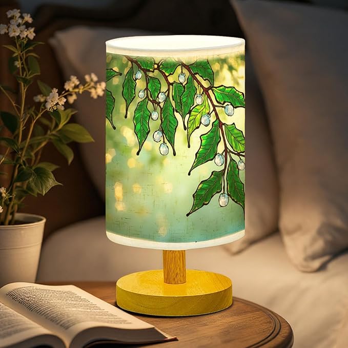 Mistletoe Tree Table Lamp LED 3-Color Pressed Bedside, Mistletoe Tree Shade Lamp with Wood Base for Bedroom Living Room Desk Office