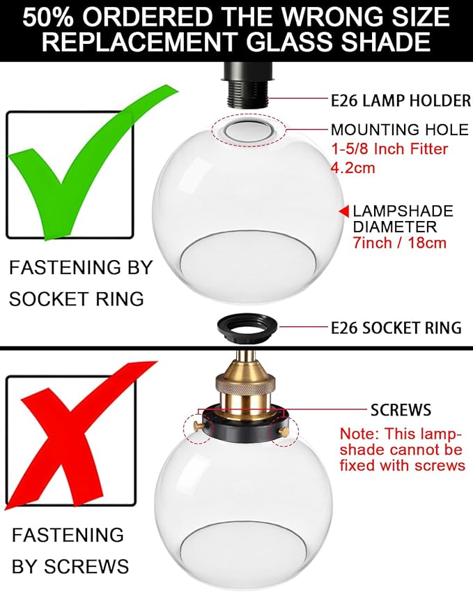 ANYLOVE Frosted Glass Globe Shade，Fixture Replacement Shade,7" Diameter, Replacement with 1.65 Inch Fitter for Wall Lamps Chandeliers or Ceiling Light,2Pack