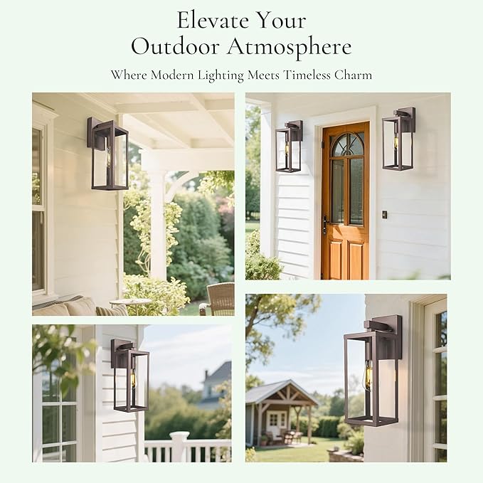 Outdoor Wall Light with Clear Glass, Anti-Rust Exterior Wall Sconce, Weather Resistant Outdoor Lantern, Exterior Lighting for Porch, Patio, Garage, Entryway (Oil-Rubbed Bronze, 15.5"Height-2 Pack)