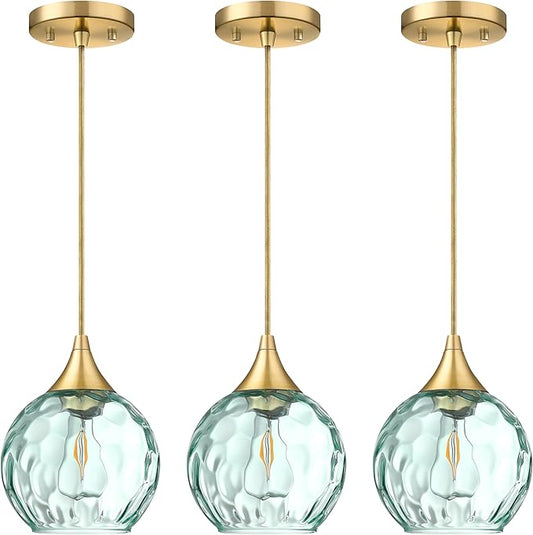 6.3" Hammer Green Glass Pendant Light 3 Pack Pendant Ceiling Light Fixtures Gold Finish Modern Farmhouse Dinning Over Sink Adjustable Height Cord